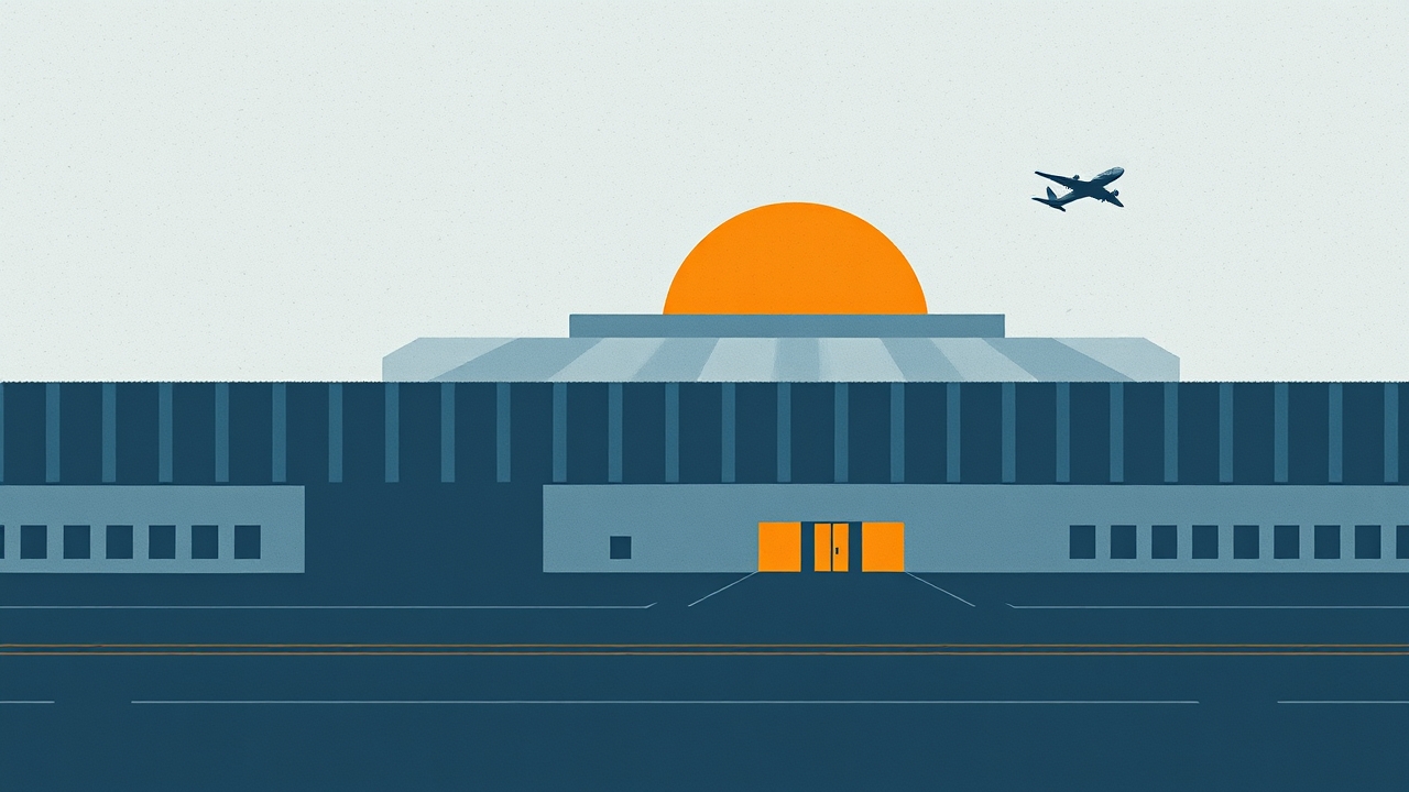 Abstract editorial illustration accompanying: Decoding FAA Ground Stops: How Federal Air Traffic Control Manages Airspace Disruptions