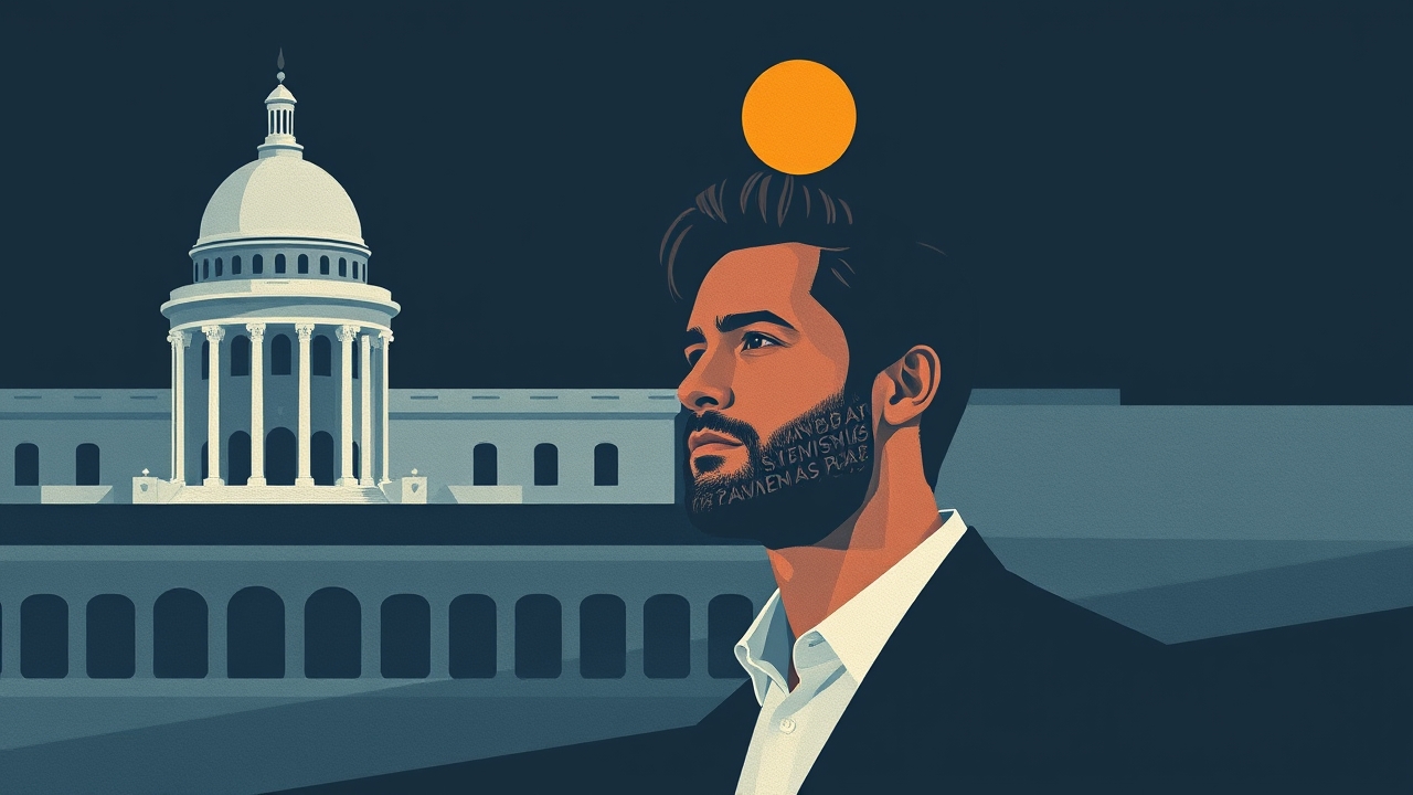 Abstract editorial illustration accompanying: Justin Hartley Solidifies Broadcast Dominance with Tracker Renewal and Broadened Production Slate